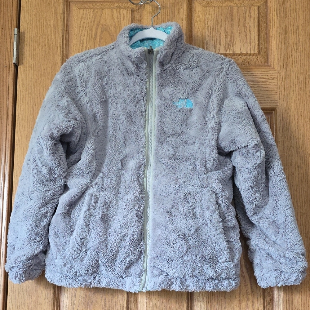 The North Face Girls Reversible Mossbud Gray And Teal Patterned Coat